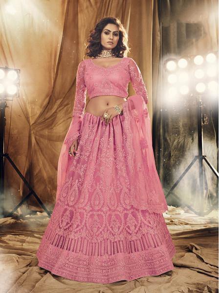 Myra Dusty Pink Heavy Embroidered Net bridal Lehenga - Distacart