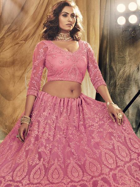 Myra Dusty Pink Heavy Embroidered Net bridal Lehenga - Distacart