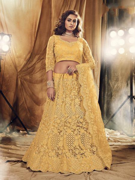 Myra Musturd Yellow Heavy Embroidered Net bridal Lehenga - Distacart