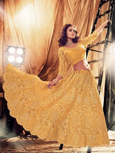 Myra Mustard Yellow Heavy Embroidered Net Bridal Lehenga