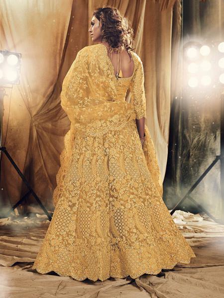 Mustard Yellow Heavy Embroidered Net Bridal 