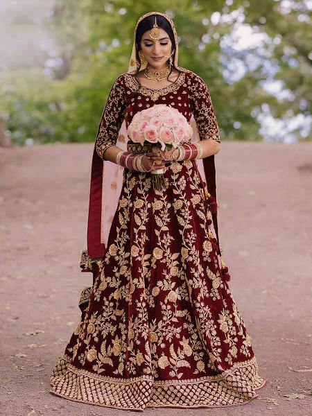 Myra Wine Heavy Embroidered Velvet Bridal Lehenga