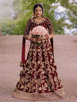 Thumbnail for Myra Wine Heavy Embroidered Velvet Bridal Lehenga