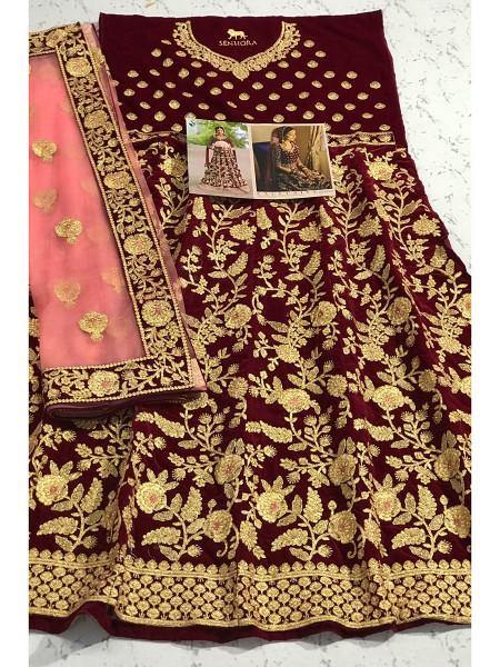 Myra Wine Heavy Embroidered Velvet Bridal Lehenga