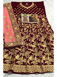 Thumbnail for Myra Wine Heavy Embroidered Velvet Bridal Lehenga