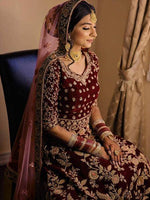 Thumbnail for Myra Wine Heavy Embroidered Velvet Bridal Lehenga