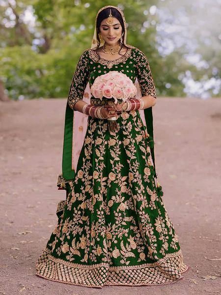 Myra Green Heavy Embroidered Velvet Bridal Lehenga online