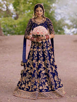 Thumbnail for Myra Royal Blue Heavy Embroidered Velvet Bridal Lehenga