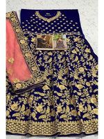 Thumbnail for Myra Royal Blue Heavy Embroidered Velvet Bridal Lehenga