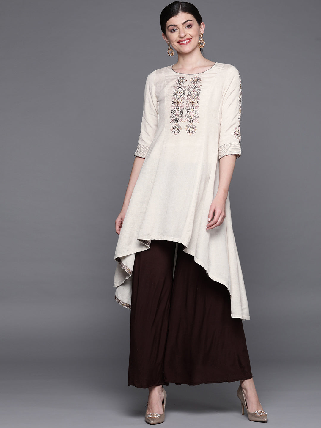 Biba Women Off-White Embroidered Yoke Design A-Line Kurta - Distacart