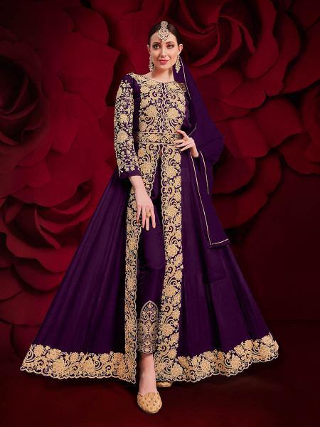 Myra Purple Georgette Embroidered Anarkali Pant Style Suit