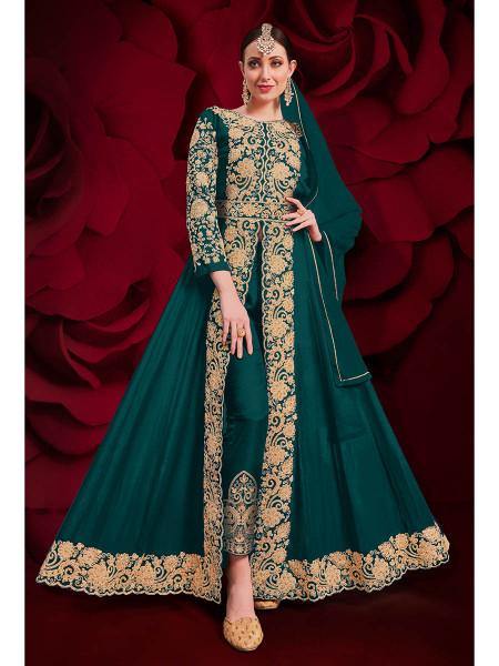 Myra Dark Green Georgette Embroidered Anarkali Pant Style Suit