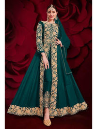 Thumbnail for Myra Dark Green Georgette Embroidered Anarkali Pant Style Suit