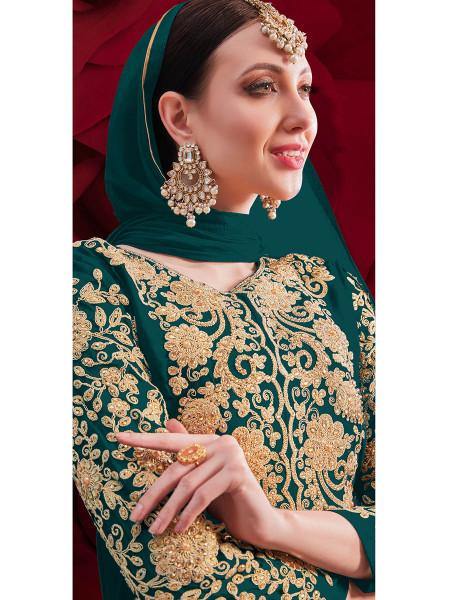 Myra Dark Green Georgette Embroidered Anarkali Pant Style Suit Online