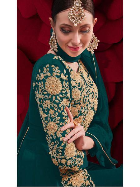 Myra Dark Green Georgette Embroidered Anarkali Pant Style 