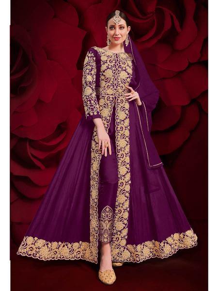 Myra Light Purple Georgette Embroidered Anarkali Pant Style Suit