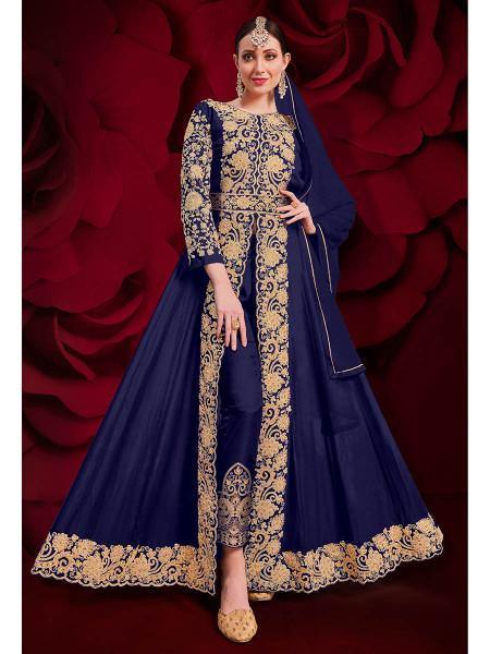 Myra Navy Blue Georgette Embroidered Anarkali Pant Style Suit