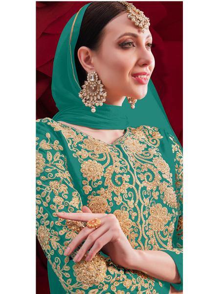 Myra Sky Blue Georgette Embroidered Anarkali Pant Style Suit