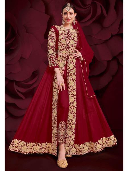 Myra Maroon Georgette Embroidered Anarkali Pant Style Suit