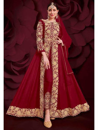 Myra Maroon Georgette Embroidered Anarkali Pant Style Suit