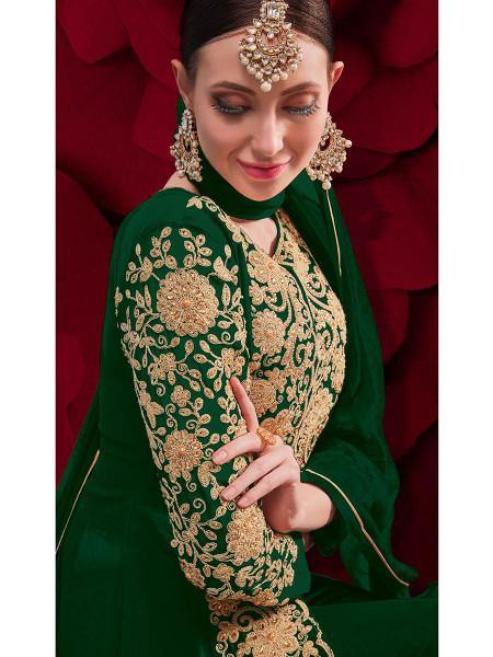 Myra Green Georgette Embroidered Anarkali Pant Style Suit - Distacart