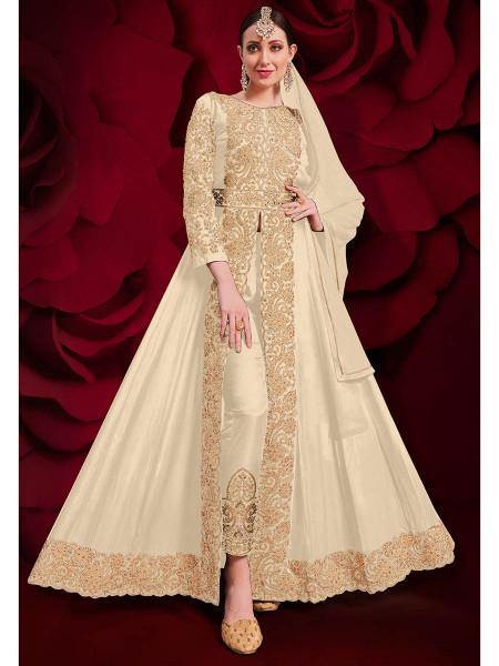 Myra Cream Georgette Embroidered Anarkali Pant Style Suit