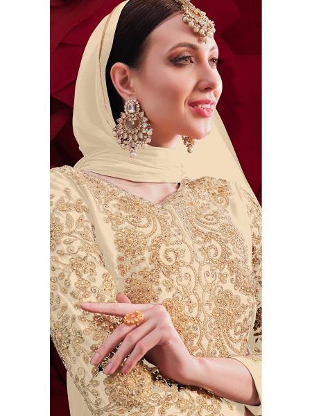 Myra Cream Georgette Embroidered Anarkali Pant Style Suit