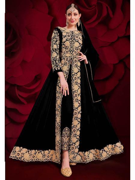 Myra Black Georgette Embroidered Anarkali Pant Style Suit