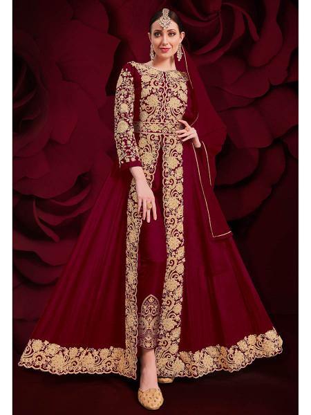 Myra Wine Georgette Embroidered Anarkali Pant Style Suit