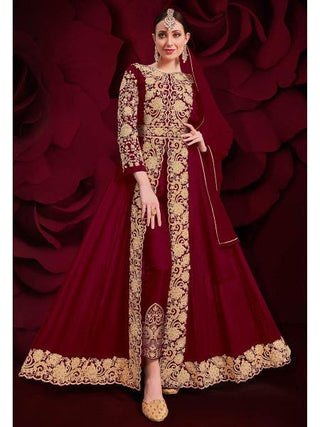 Myra Wine Georgette Embroidered Anarkali Pant Style Suit
