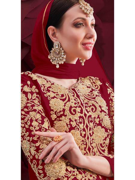 Myra Wine Georgette Embroidered Anarkali Pant Style Suit