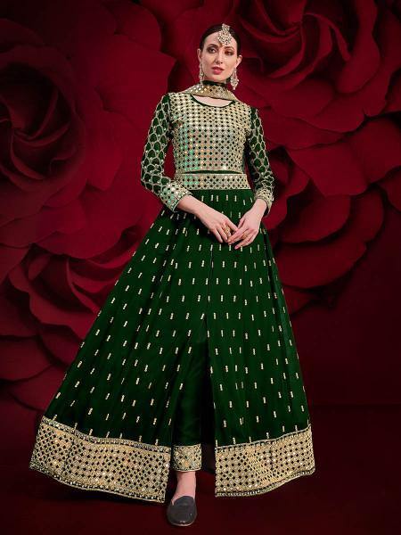 Myra Green Georgette Embroidered Anarkali Pant Style Suit