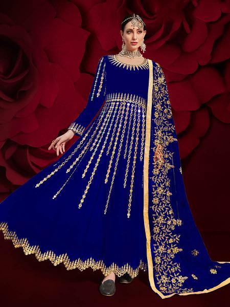 Myra Royal Blue Georgette Embroidered Anarkali Pant Style Suit