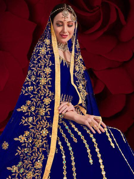 Myra Royal Blue Georgette Embroidered Anarkali Pant Style Suit