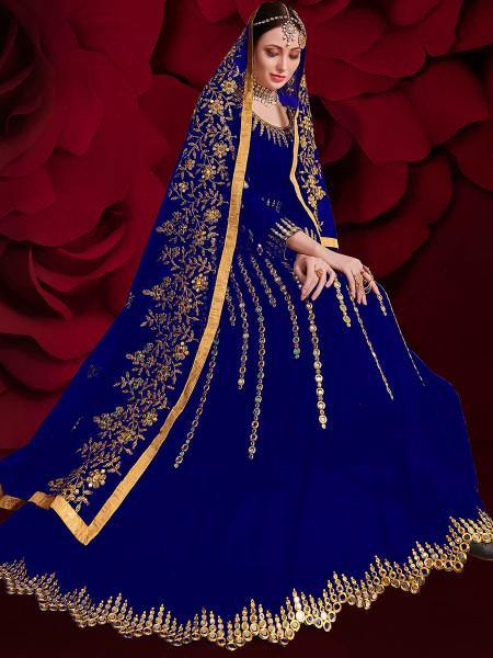 Myra Royal Blue Georgette Embroidered Anarkali Pant Style Suit