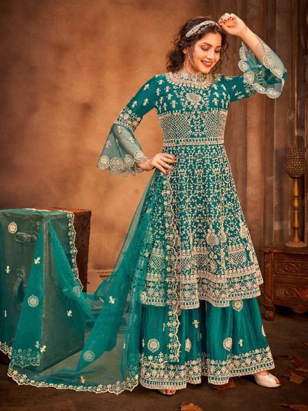 Myra Rama Green Heavy Embroidered Gharara Suit