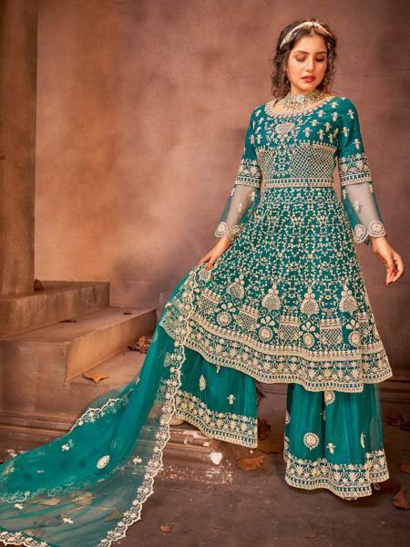Myra Rama Green Heavy Embroidered Gharara Suit
