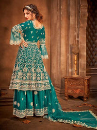 Thumbnail for Myra Rama Green Heavy Embroidered Gharara Suit