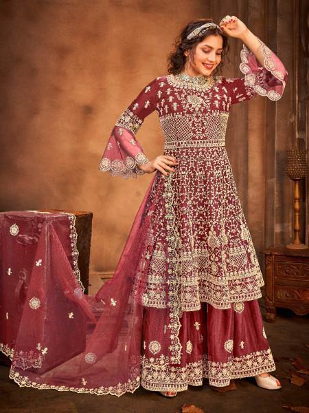 Myra Maroon Embroidered Gharara Suit