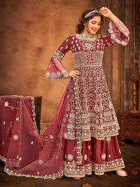 Thumbnail for Myra Maroon Embroidered Gharara Suit