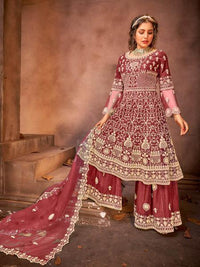 Thumbnail for Maroon Embroidered Gharara Suit