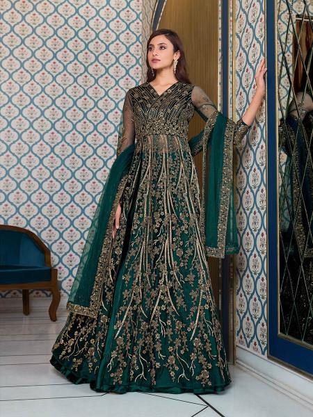 Myra Peacock Blue Net Embroidery Gown