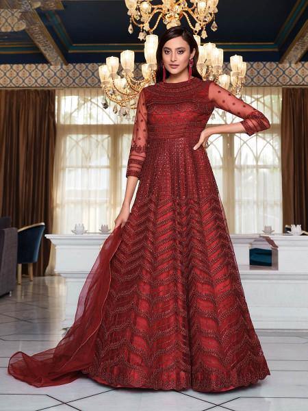Myra Maroon Net Embroidery Gown