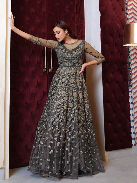 Myra Grey Net Embroidery Gown