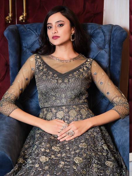 Myra Grey Net Embroidery Gown online