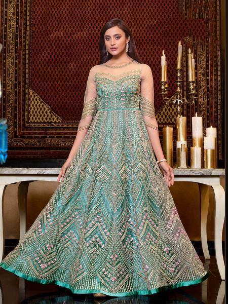Myra Mint Blue Net Embroidery Gown