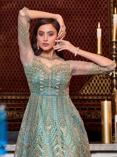 Myra Mint Blue Net Embroidery Gown online