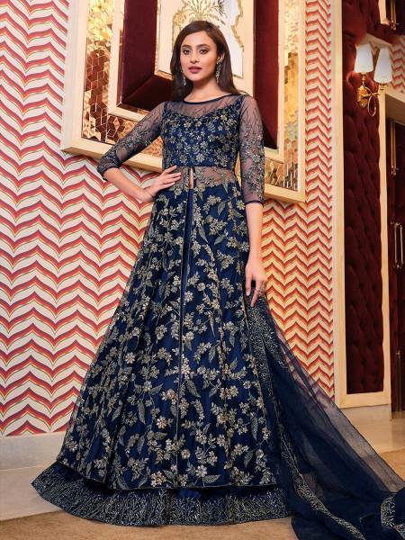 Myra Navy Blue Net Embroidery Gown