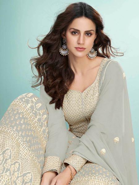 Myra Dusty Grey Georgette Embroidered Anarkali Suit Online