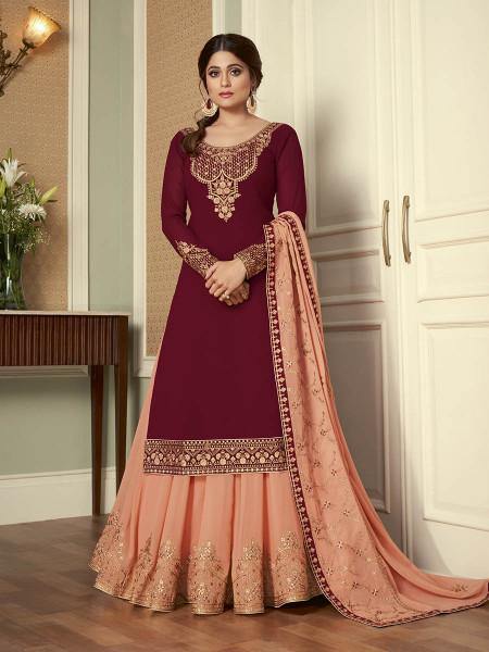 Myra Wine and Peach Georgette Embroidered Gharara Suit